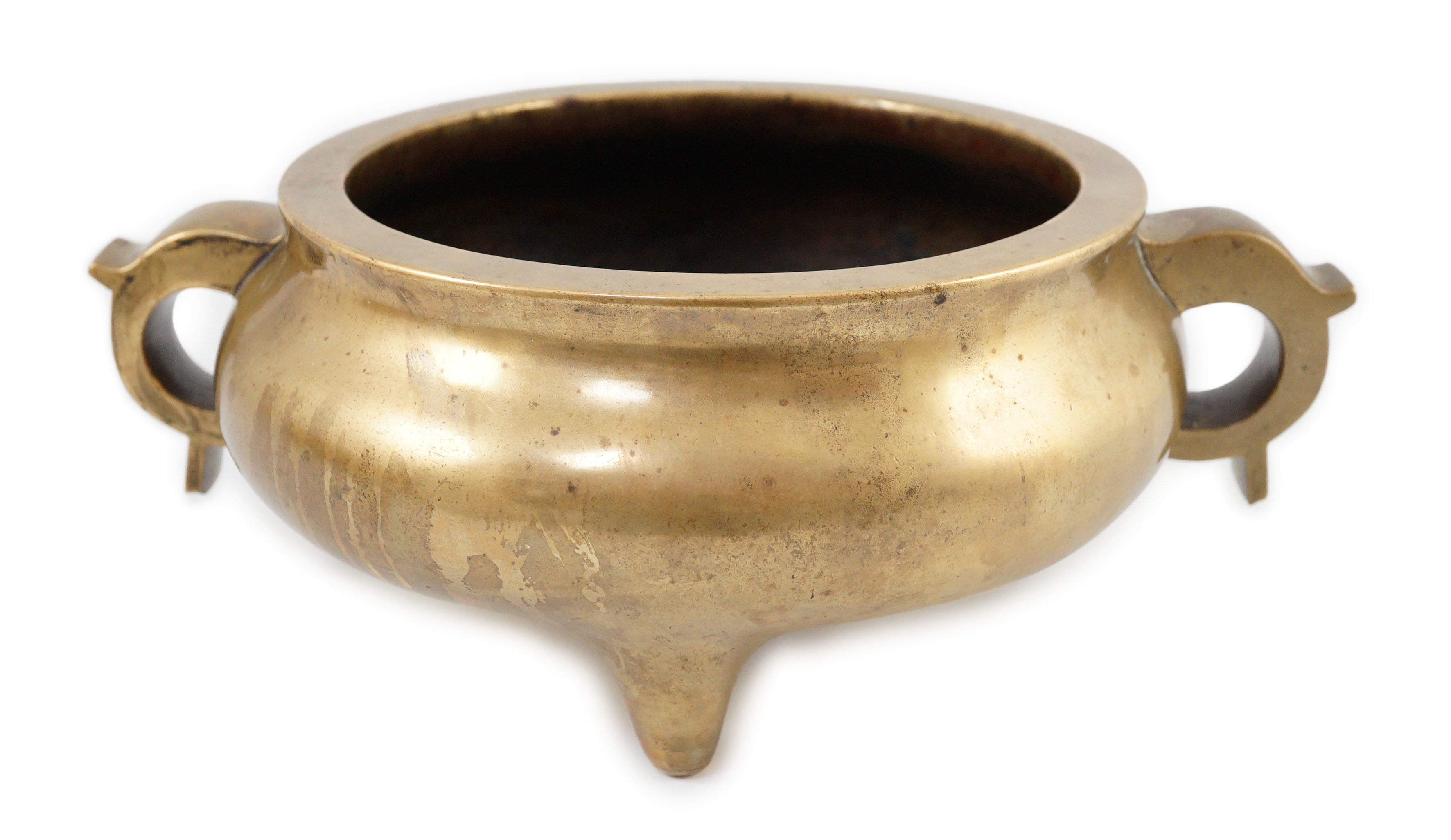 A large Chinese bronze censer, ding, 18th century, with sixteen character Xuande mark, 29cm wide